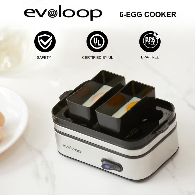 EVOLOOP Rapid Egg Steamer - 6-Egg Capacity, BPA-Free Stainless Steel with Clear Tritan Lid, 400W Electric Egg Cooker for Hard Bo iled, Poached, Scrambled, or Omelette, Includes Measurement Cup & 2 Poaching Trays, Auto Shut Off