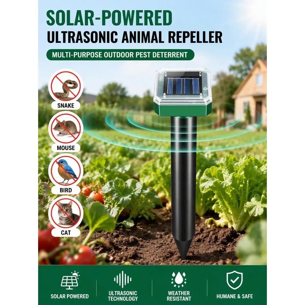 Solar Ultrasonic Animal Repeller, Outdoor Snake Mouse Bird Cat Pest Repellent for Yard Garden Vegetable Field
