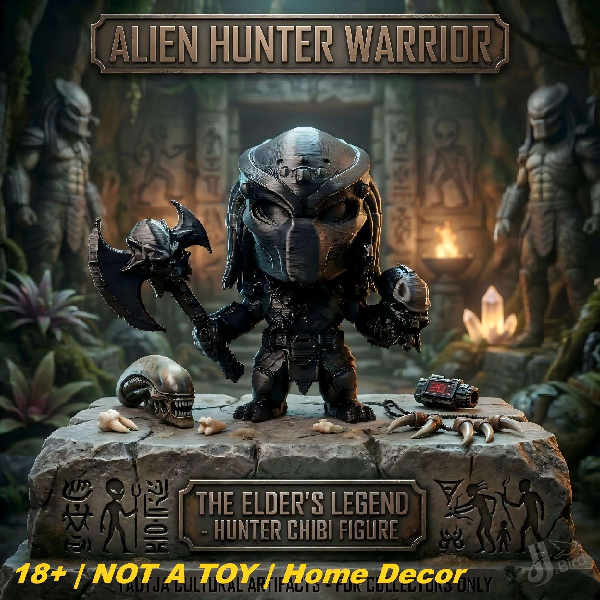 Q Version Alien Hunter Warrior Figurine, Dark Fantasy Style Collectible Model, Home Desktop Decoration, Creative Art Display