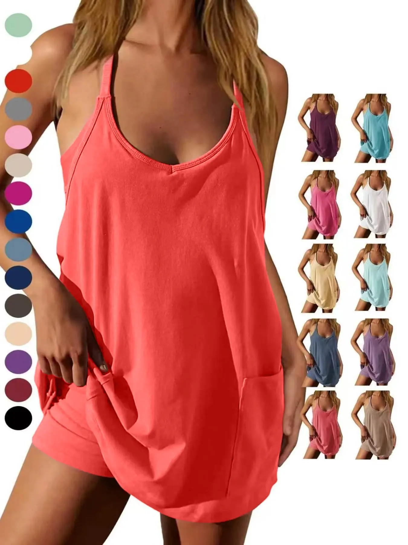 Women's Summer Sleeveless Mini Dress with Built In Shorts, V Neck Spaghetti Straps, Casual Loose-Fitting Dress with Pockets