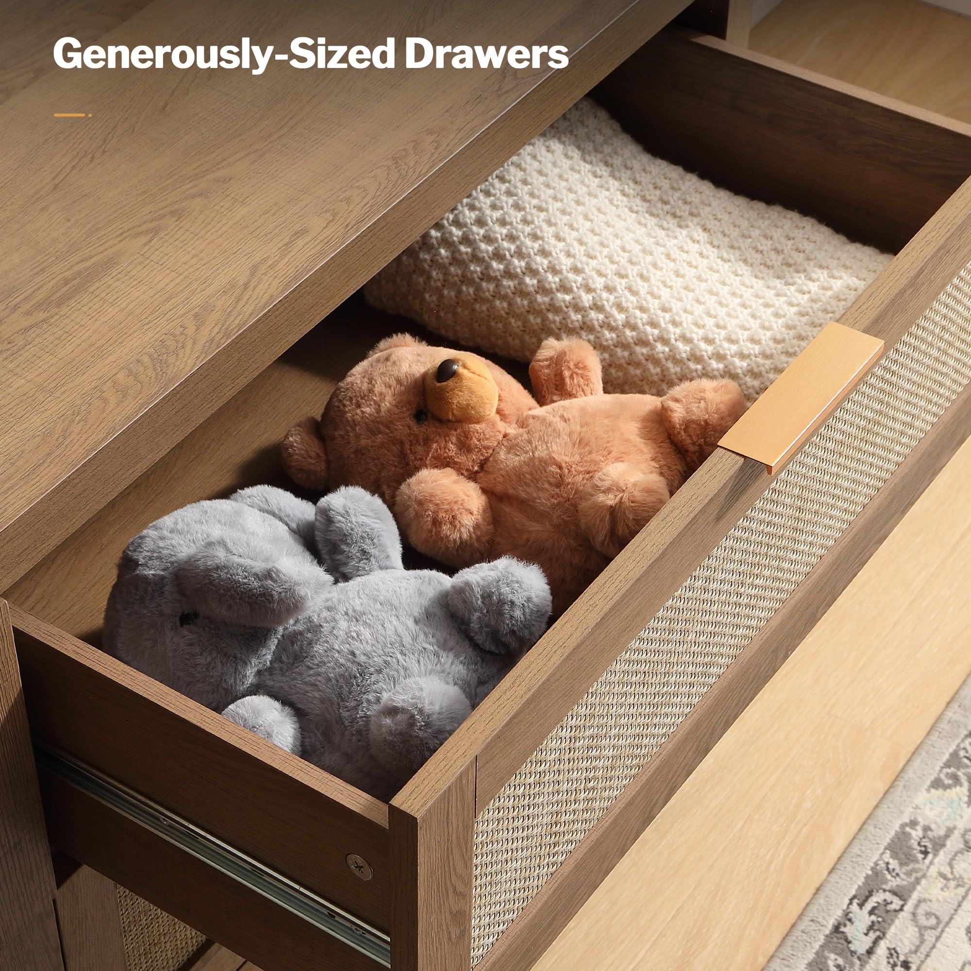 SICOTAS Larger Rattan Night Stand - 15.4"D x 24.8"W x 26.5"H Nightstands with Type-C Charging Station, 3 Rattan Mesh Drawers, Usb port Boho Bedside Table End Table with Storage for Bedroom Sofa Couch Office, Robust and Stylish, Durable