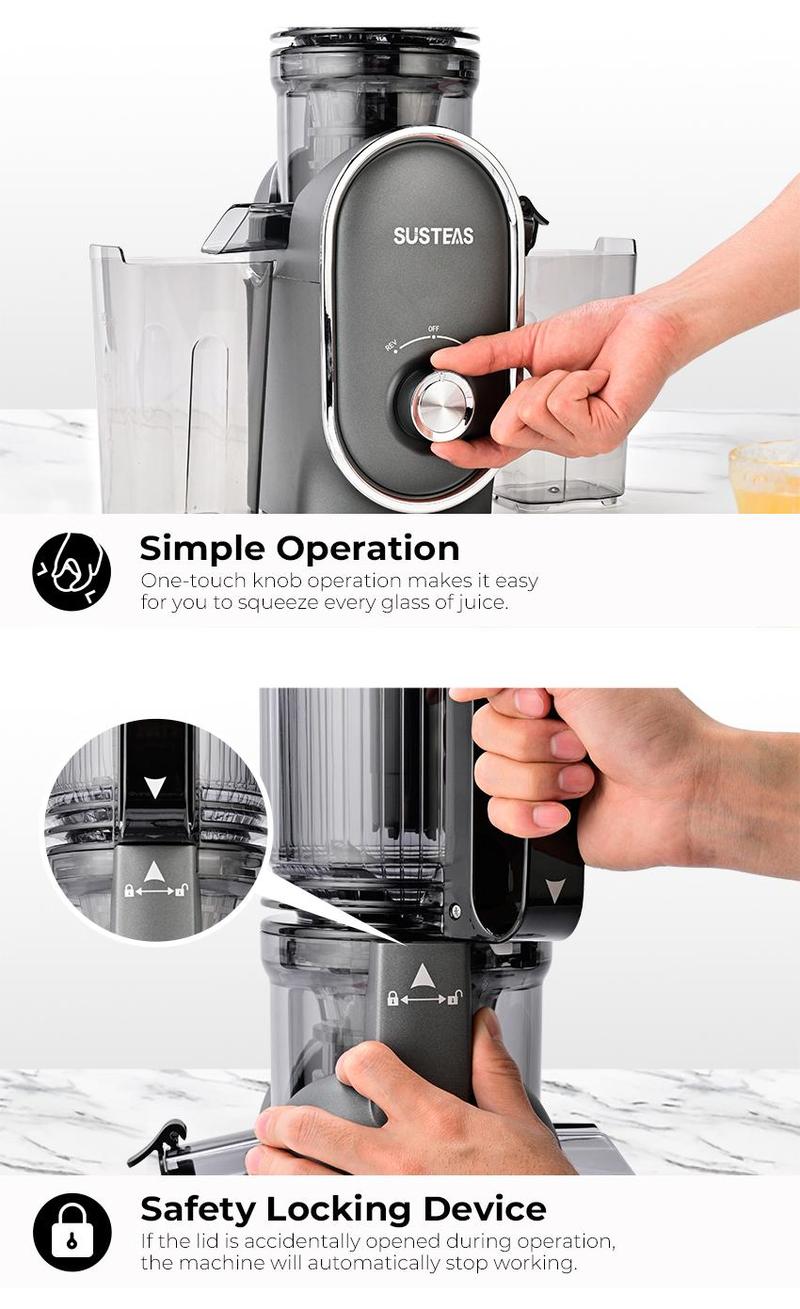 SUSTEAS Cold Press Juicer XL with 5.3" Wide Chute for Whole Foods Slow Masticating Extraction High Juice Yield Easy Assembly & Cleaning All-Metal Build Dishwasher-Safe Parts
