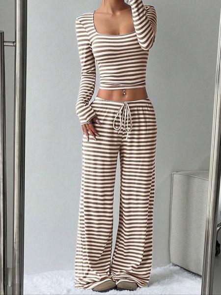 Women's Knitted Striped, Round Neck Long Sleeve Top & High Waist Pants, Loose Fit, Home Wear Set, Perfect for Daily Wear
