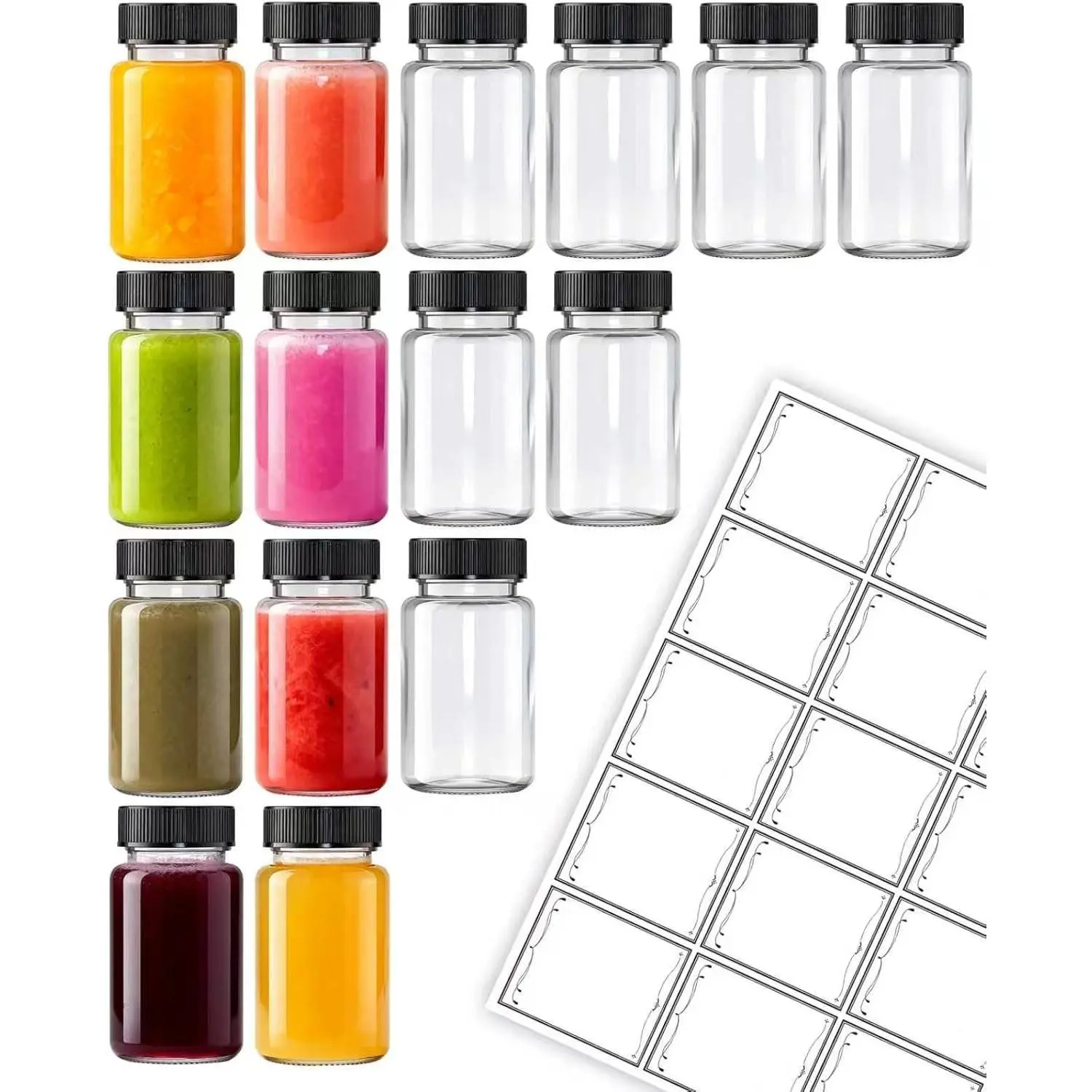 15 Pcs 2 Oz Glass Juice Shot Bottles With Black Caps & 15 Labels, Reusable Small Wellness Ginger Shot Glass Bottles Jar With Lids For Juicing & Ginger Shots, BPA-Free & Leak-Proof & Dishwasher Safe