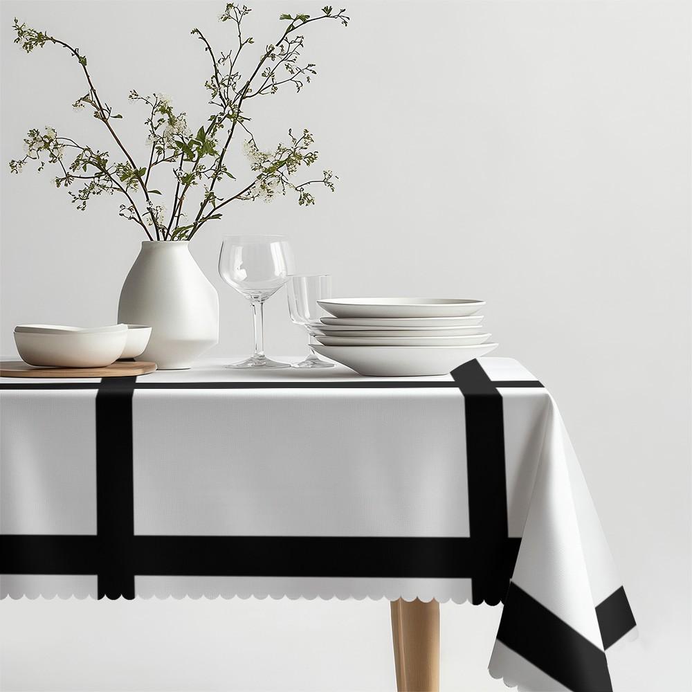 Rectangular White Tablecloth with Black Grid, Polyester Material, Waterproof & Oil - Resistant, Suitable for Home & Outdoor Use, Minimalist Style, Ideal for Wedding, Holiday, Birthday & Thank You Gifts, Cozy Dining Area Decor