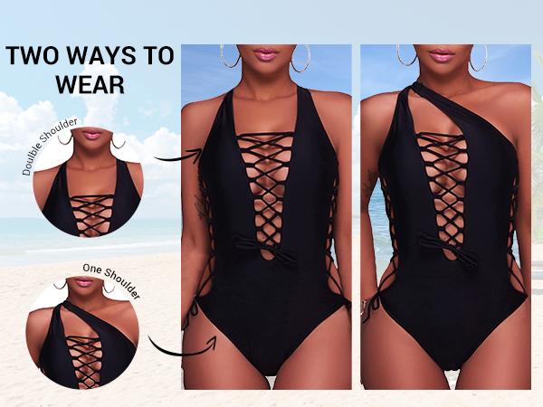 Holipick Women Sexy One Piece Swimsuit One Shoulder Bathing Suit Lace Up Swimwear Holipick Women Sexy One Piece Swimsuit One Shoulder Bathing Suit Lace Up Swimwear