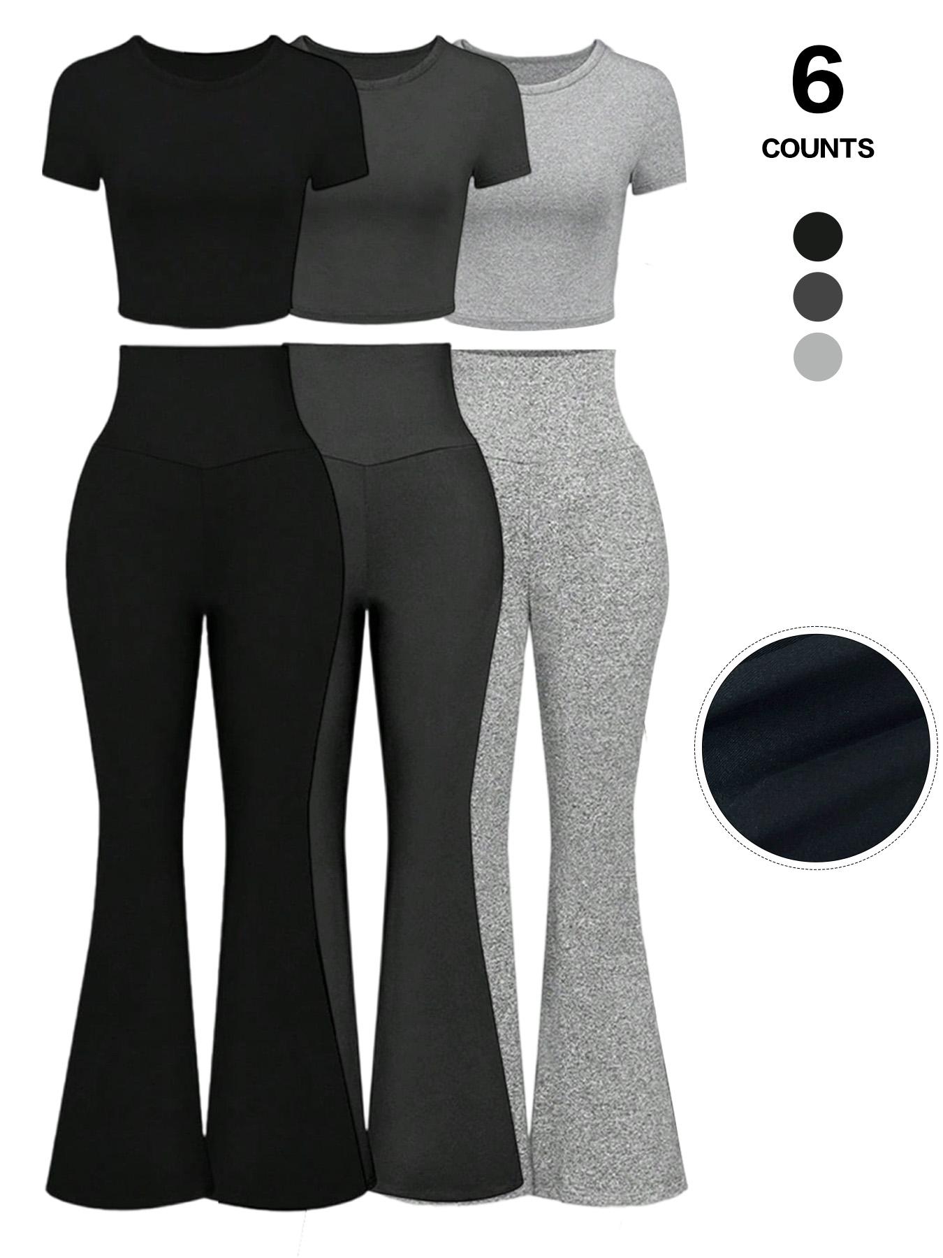 Women's 2 Piece Matching Lounge Set Gym Casual Wear Short Sleeve Crop Top and High Waisted Flare Leg Pants Yoga Outfit