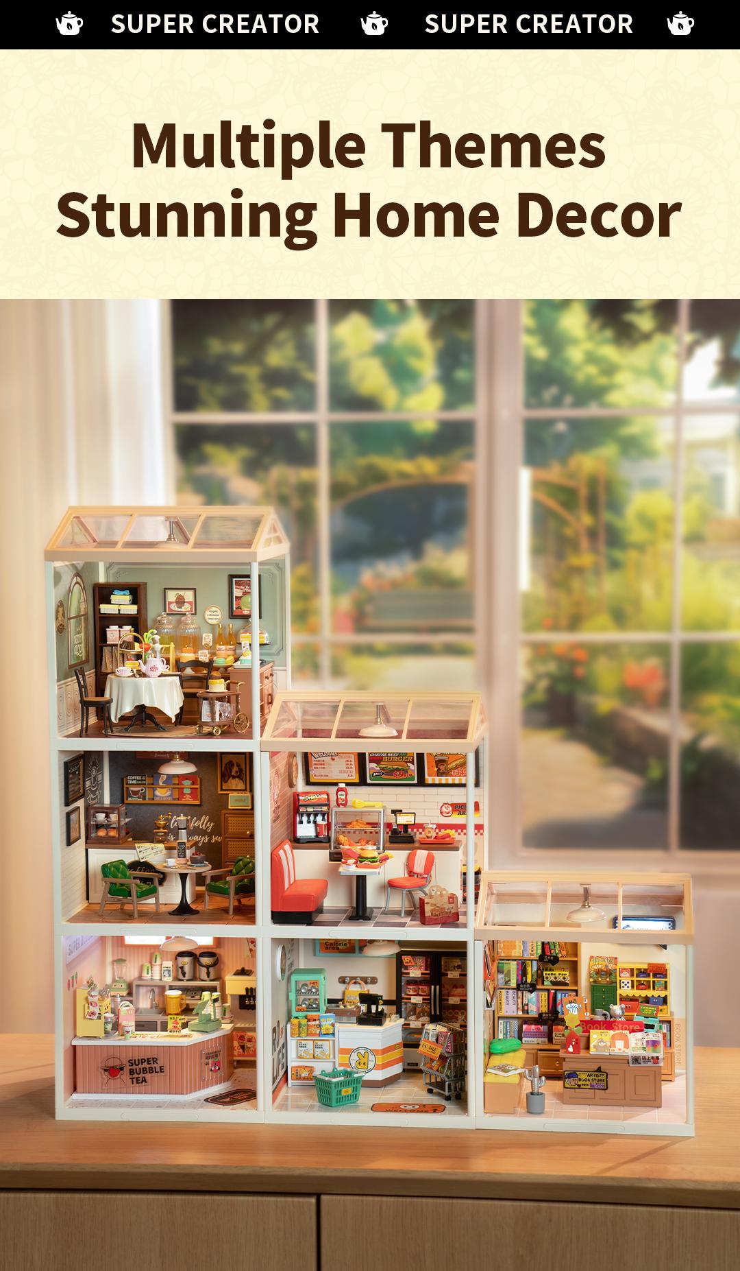 Rolife Sweet Sips Tea DIY Plastic Miniature House DW011 Miniature House Kit DIY Plastic House Building Toy Set with LED Tiny Store Making Kit Model Craft Hobby Unique Gift