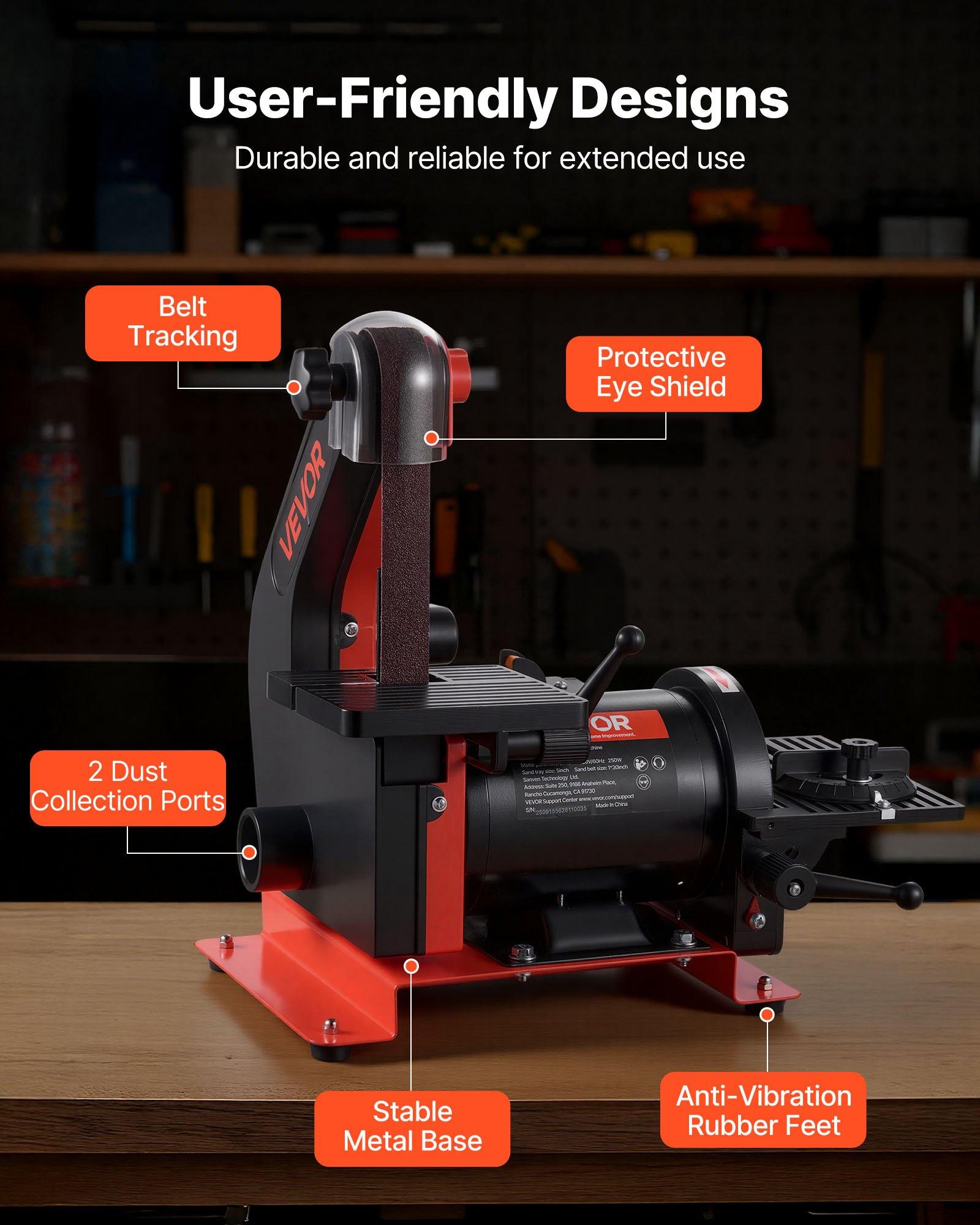 VEVOR Benchtop Disc Sander Combo, 5 inch Disc & 1" x 30" Belt Sander, 250W Power, 0-45 Adjustable Worktable, Dust Collection Ports for Woodworking, DIY Projects