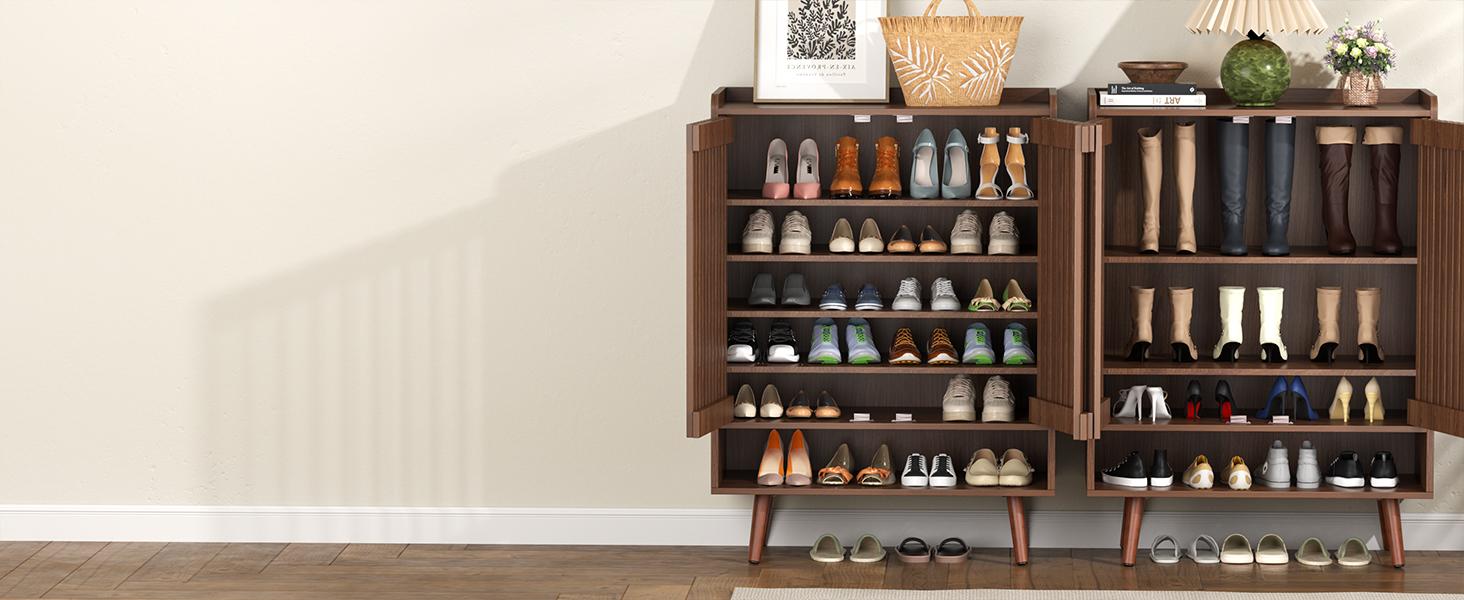 Vabches 6-Tier Shoe Cabinet with Grille Doors, Large Wooden Shoe Storage Cabinet with Adjustable Shelves, Mid-Centery Freestanding Shoe Organizer Cabinet for Entryway, Hallway