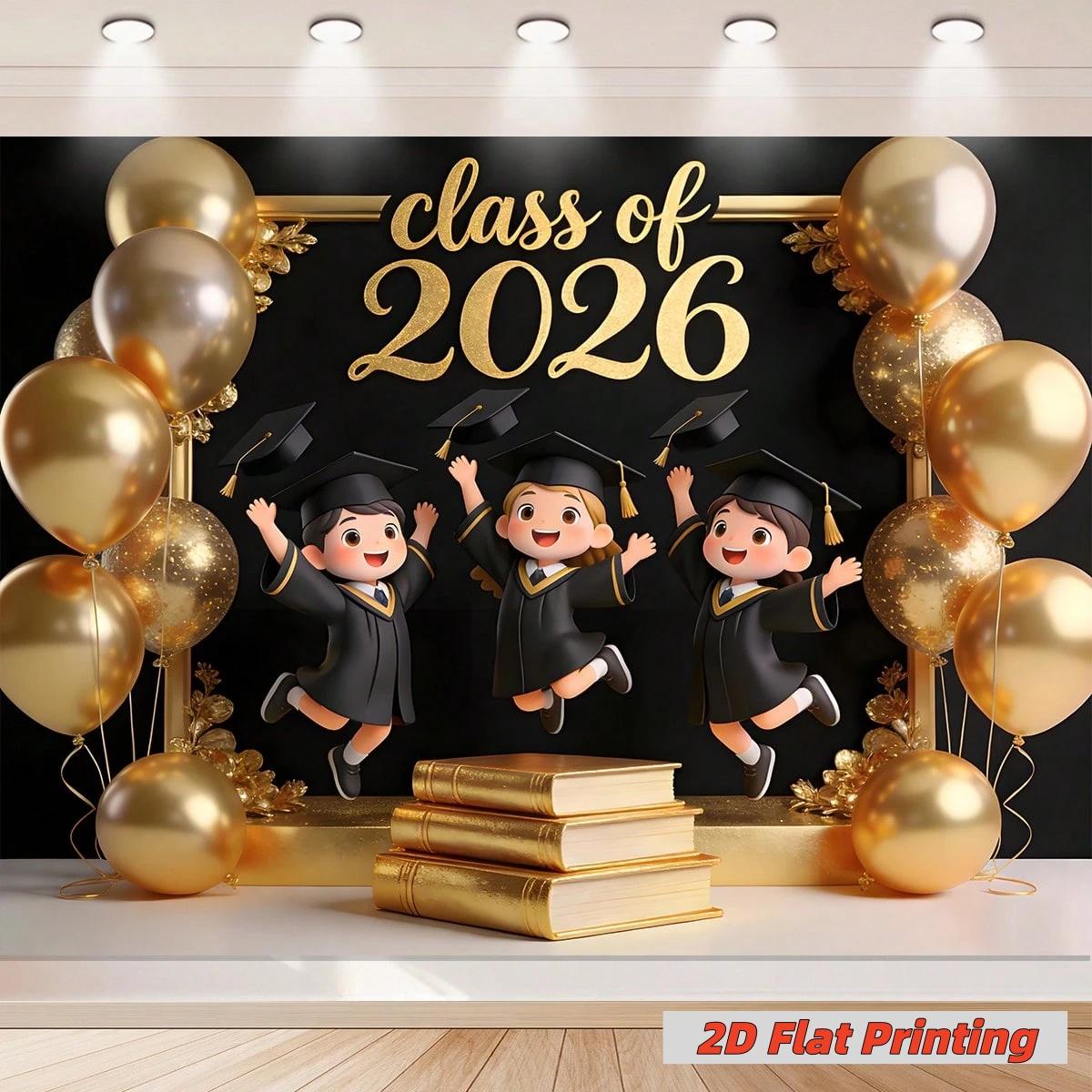 1-pack polyester fiber 2D flat printing 2026 graduation theme background cloth banner + door curtain three-piece set black gold balloon book design suitable for graduation parties, graduation ceremonies, studio shooting, classroom wall decoration