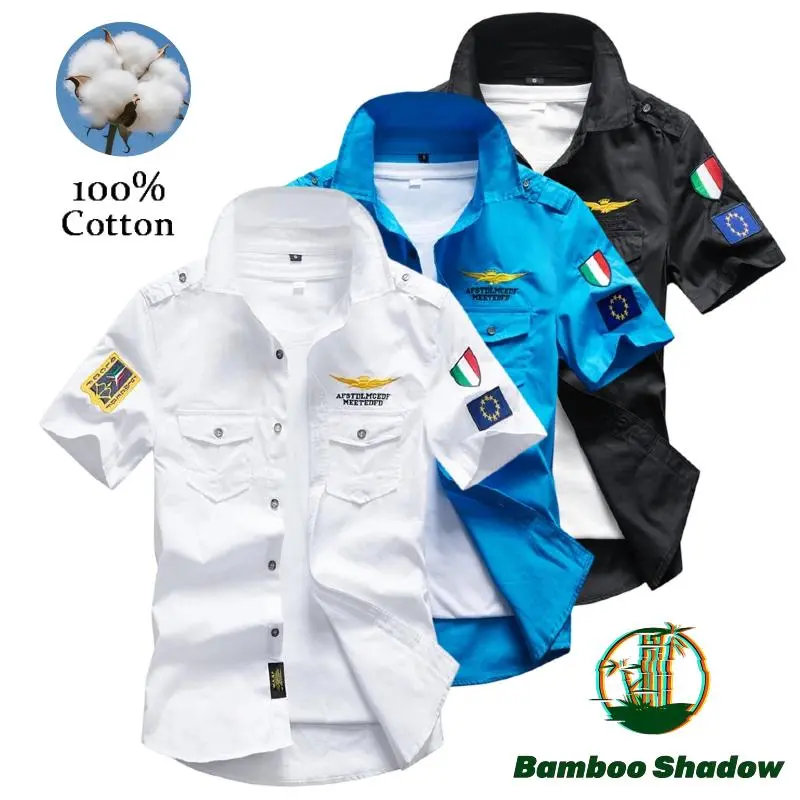 Men's 100% Cotton Military Tactical Short Sleeve Shirt, Slim Fit Button Down Casual Work Shirts with Patches & Chest Pockets for Outdoor Aviation Style