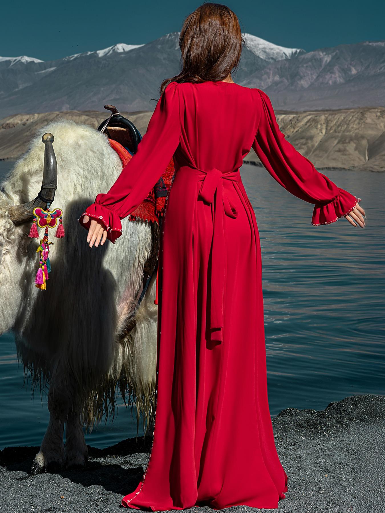 Embroidered Abaya Dress, Formal Wear, V Neck, & Silver Beads, Flare Sleeves, Elegant Fitted, Perfect for Formal Weddings & Eid Celebrations