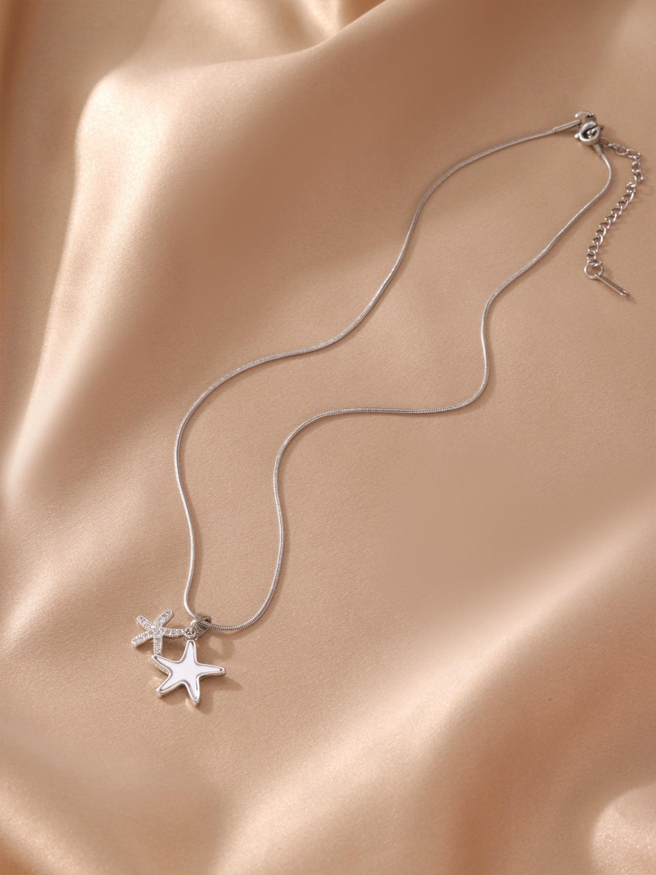 Elegant Ocean Style CZ Starfish Scallop Mermaid Tail Silver Necklace Lightweight All Season For Women Daily Wear