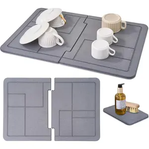 Large Stone Drying Mat for Counter+Sink, 100% Natural Stone Dish Drying Mat, Quick Drying, Non-Toxic, BPA-Free, JIGSAW Drying Matt Counter (Dark Gray 24"*16" & 8"x4")