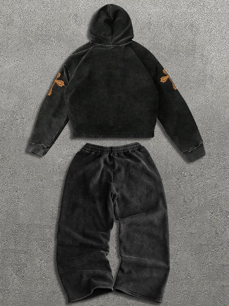 Men's Retro Graphic Hooded Sweatshirt Set, Long Sleeve Fitted Hoodie, Comfortable Casual Wear, Spring & Fall Fashion