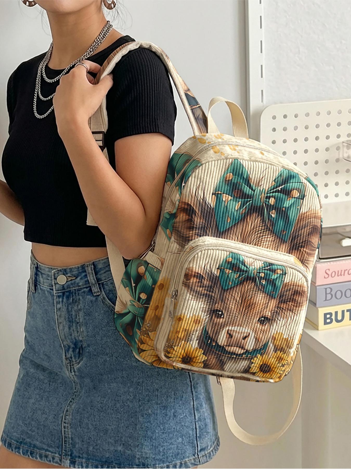1 piece of dog and flower pattern 2D printed ladies' backpack, Casual Backpack, velvet texture + layered storage + light weight reduction | perfect for students to go to class/shopping/short trips | combines atmosphere with practicality