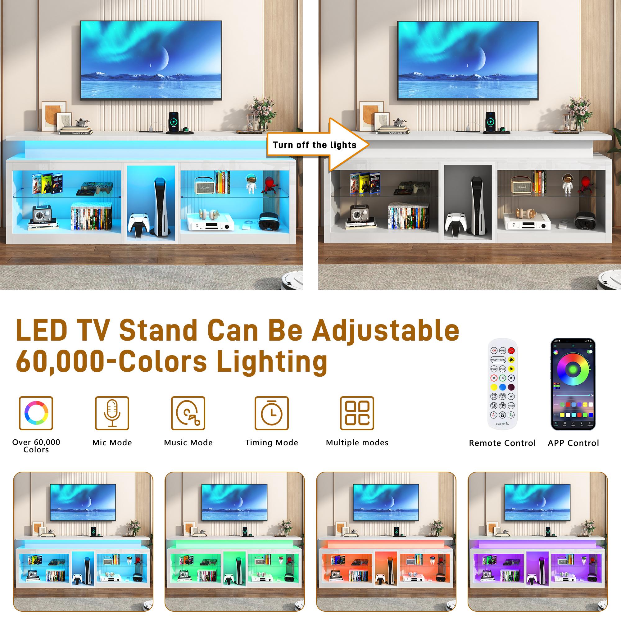 71"/80.7" LED TV Stand with Power Outlet,60-Colors LED Lights For 65 70 80 90 in TV,High Gloss Gaming Entertainment Center w/Adjustable Shelves,TV Console with Modern Design for Living Room Bedroom (Black/White)