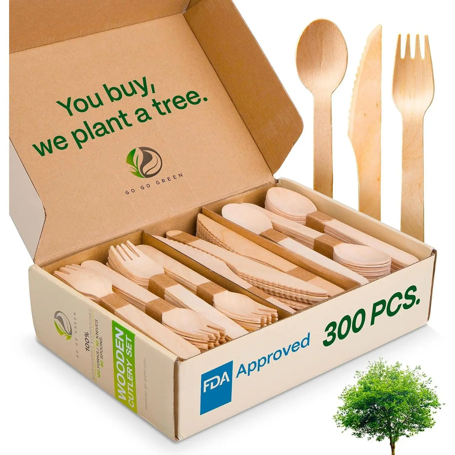 100% Compostable 300 Pcs Disposable Wooden Cutlery Set - Eco Friendly Utensils with 120 Forks 90 Knives 90 Spoons for Party Camping Daily Use
