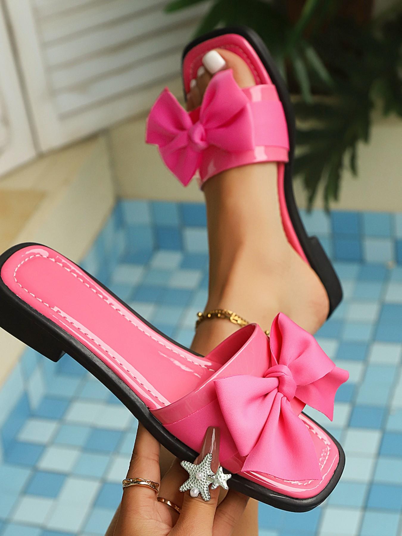 Burgundy Bow Flip Flops, Square Toe Design, Soft Sole Anti-Slip, Perfect for Spring Summer Fashion, Must-Have Comfortable Sandals