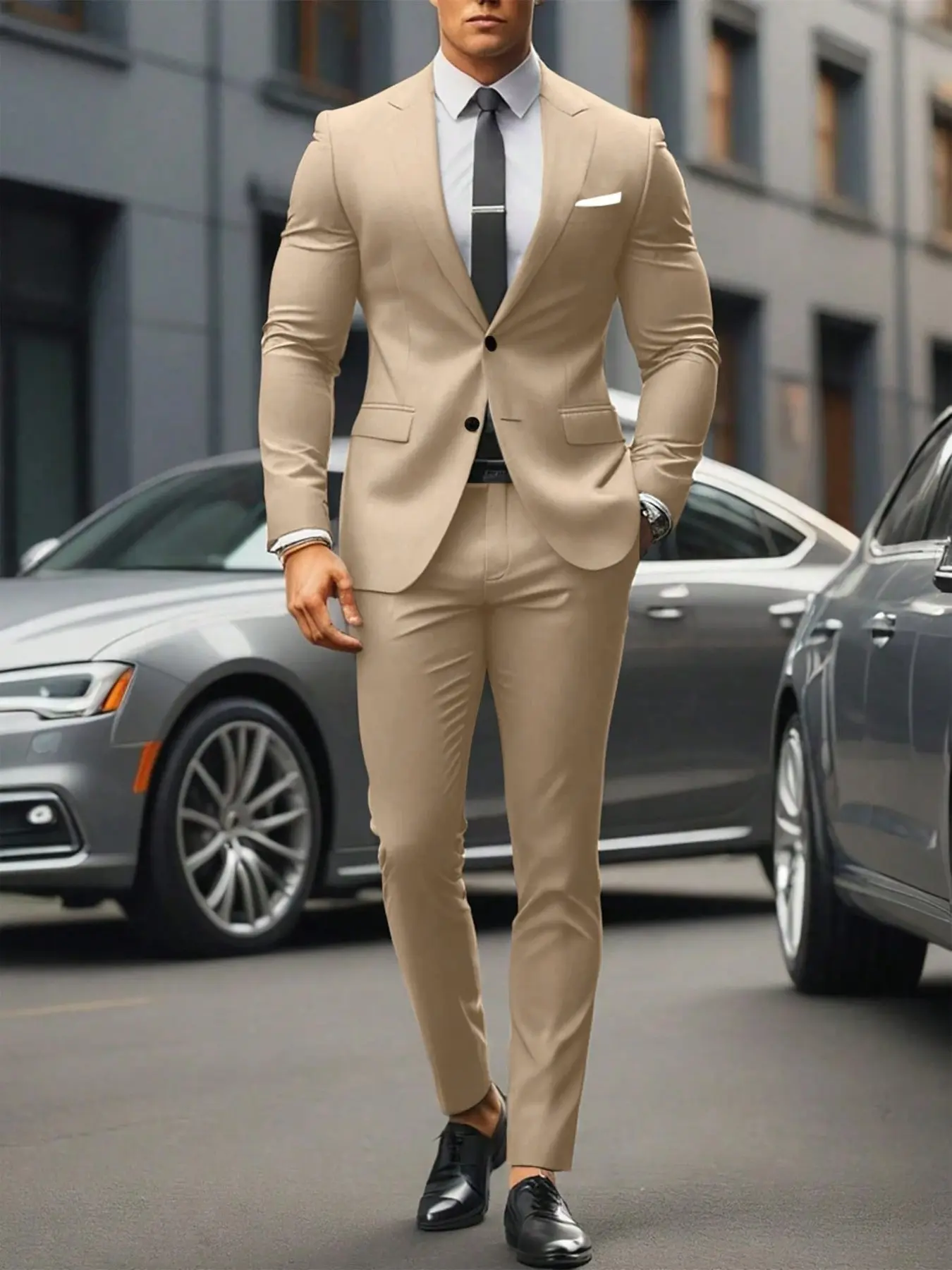 Men's 2-Piece Suit Set, Notched Lapel Single-Breasted Long-Sleeve Blazer, Chest Pocket, Flap Pockets and Matching Trousers for Business Formal Wear