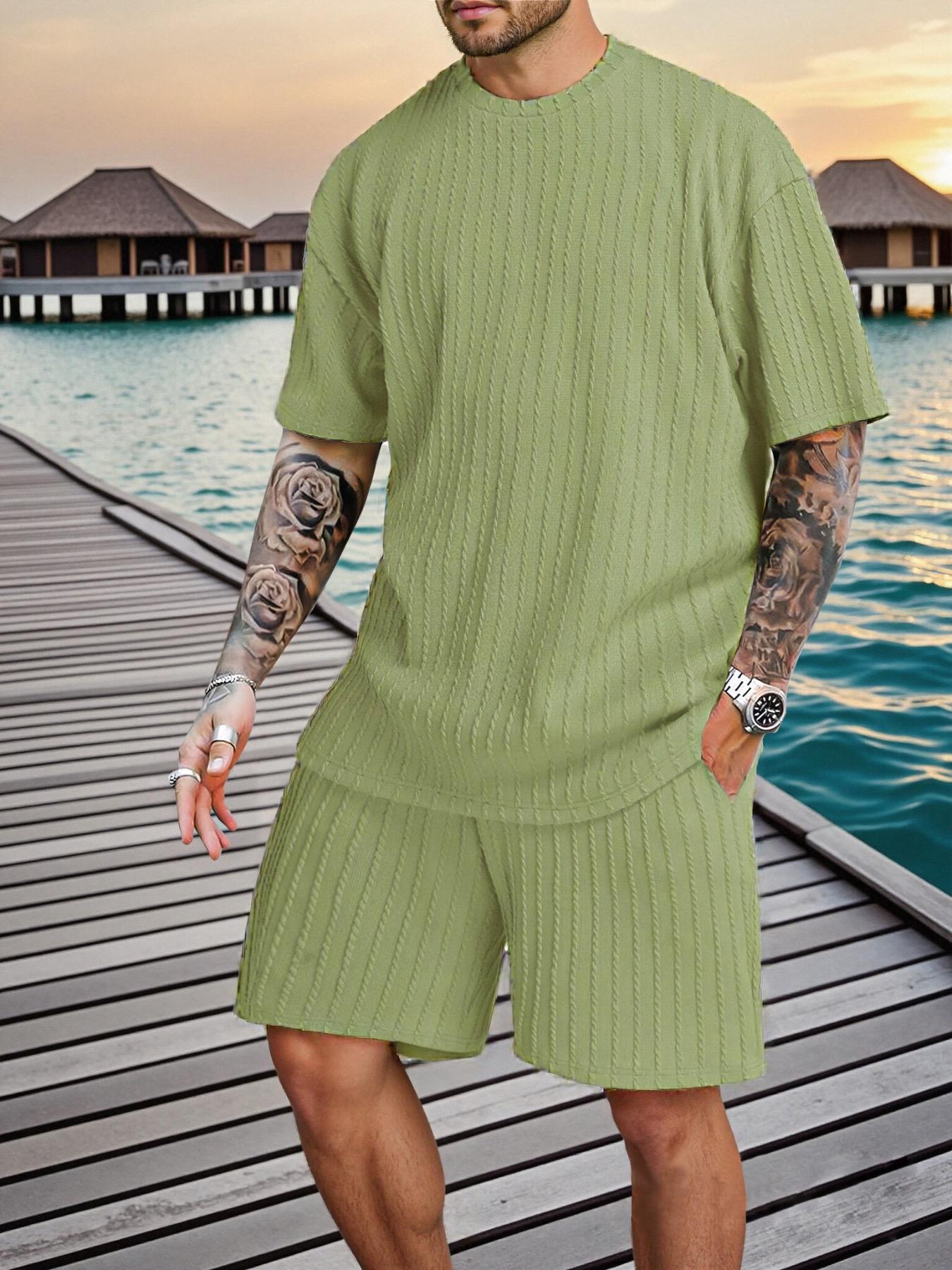 Men’s Streetwear 2-Piece Set – Soft Textured Knit Oversized Tee & Drawstring Shorts, Casual Summer Outfit
