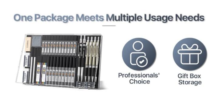 STAGEEK 37PCS Art Mechanical Pencil Set, Drafting Pencil 5 Sizes- 0.3, 0.5, 0.7, 0.9MM & 2PCS 2.0MM Mechanical Drawing Pencils with 492PCS Leads (6B 4B 2B HB 2H 4H Color) for Artist Sketching Drawing&Ballpoint Pen for Student Stationary College Essentials