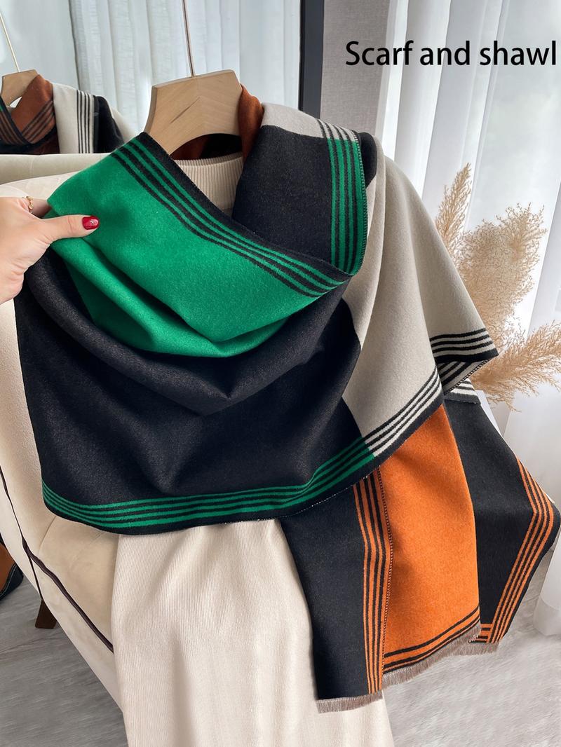 Women's Colorblock Tassel Decor Double Sided Scarf, Casual Soft Warm Shawl for Fall & Winter, Fashion Accessories for Women & Men