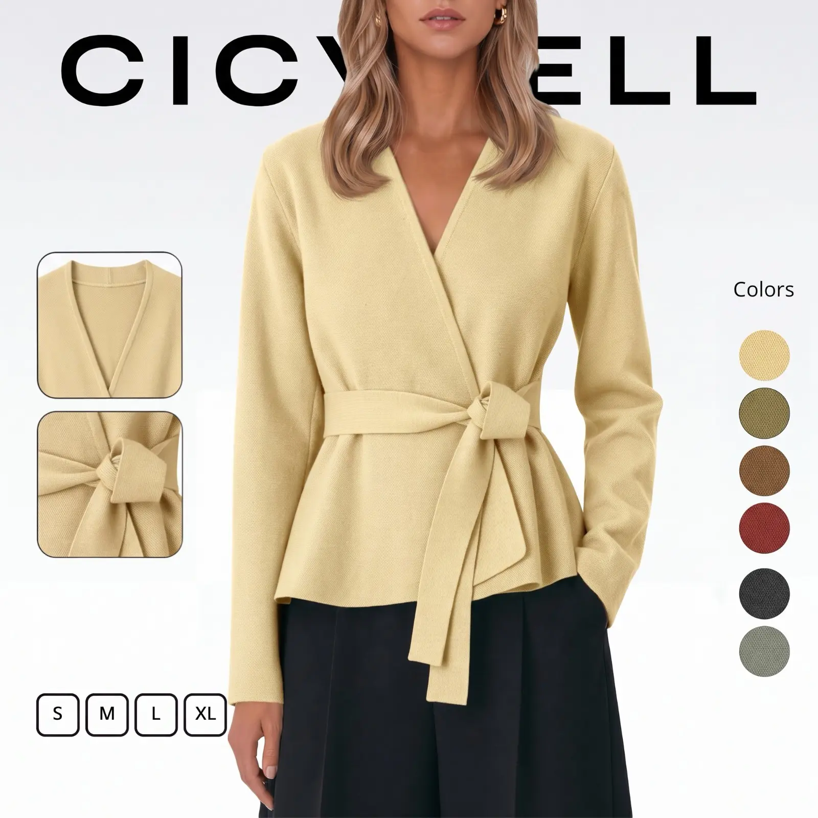 Cicy Bell Womens Open Front Belted Cardigan Long Sleeve Casual Knit Sweater | Wrap Cardigan, V Neck, Work Office, Business Casual, Elegant Knit Tops