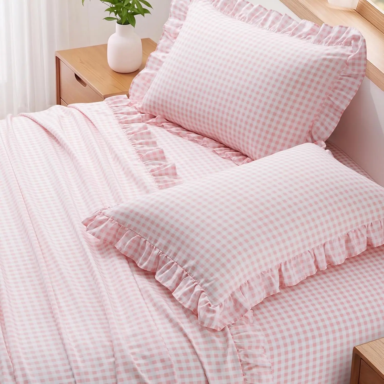 NSGZ Gingham Ruffle Queen Sheet Set, Light Pink Microfiber Plaid Bed Sheets