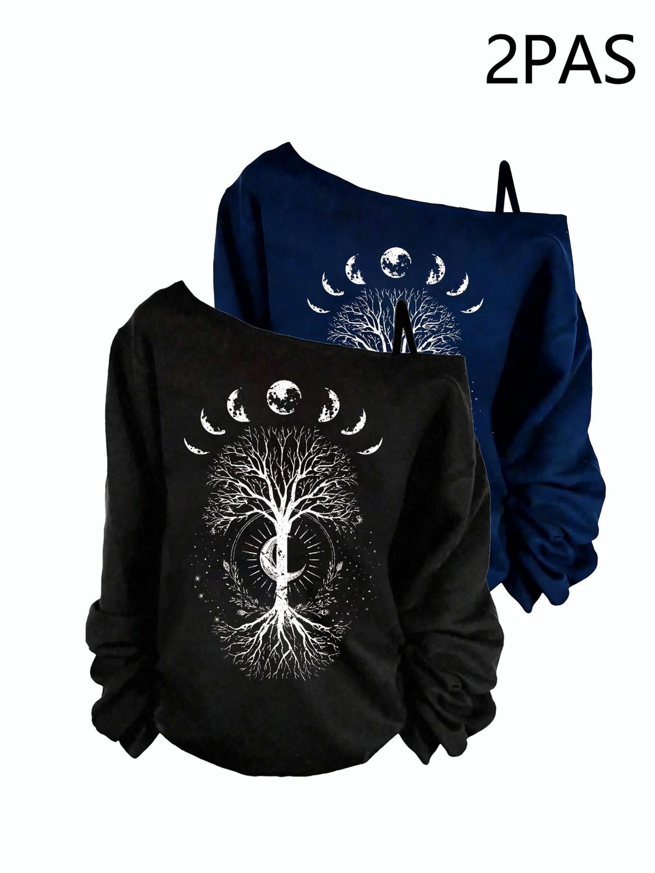 Women's Off-Shoulder Slouchy Casual Sweatshirt, Moon Phase Tree of Life Print, Oversized Pullover, Boho Occult Graphic, Women's Tops, Womenswear, Spring&fall