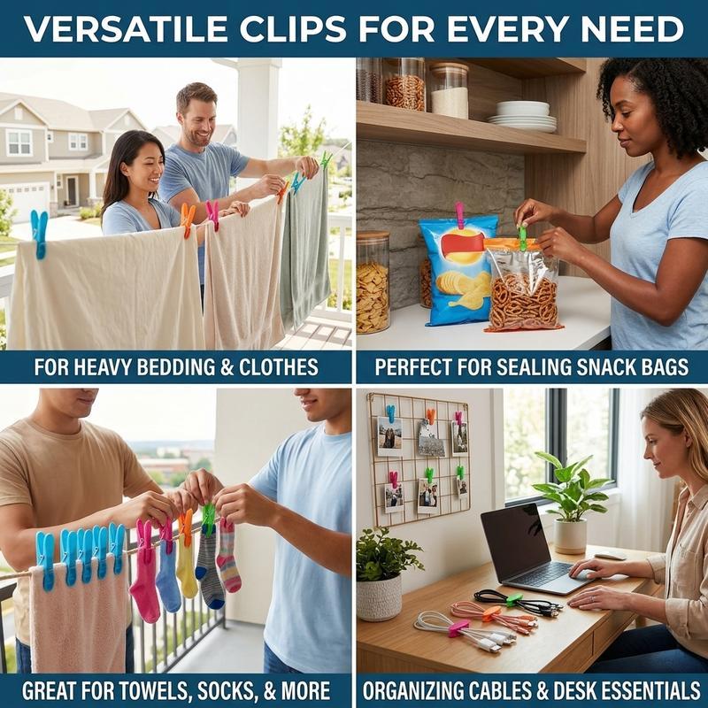 Multi functional and strong windproof clothes drying clip set, plastic colored clothes clip, home drying blanket, snack bag, sealed clip, essential storage supplies for dormitories