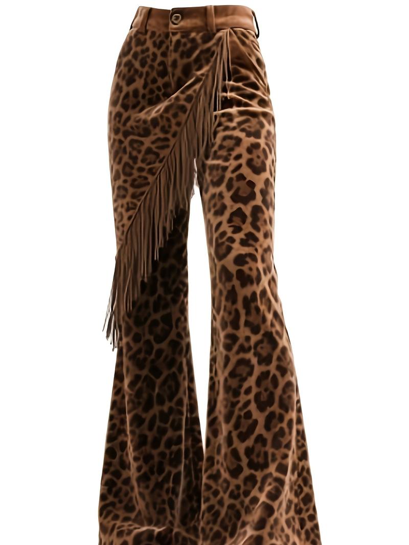 Fashion Leopard Print Flared Pants, Fringe Design, Retro Style, Daily Wear, Vintage Personality, Women's Casual Leggings Fashion Leopard Print Flared Pants, Fringe Design, Retro Style, Daily Wear, Vintage Personality, Women's Casual Leggings