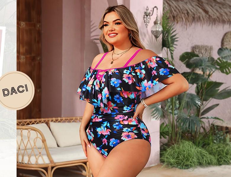 Daci Women Plus Size One Piece Swimsuits Tummy Control Ruffle Off Shoulder Bathing Suits