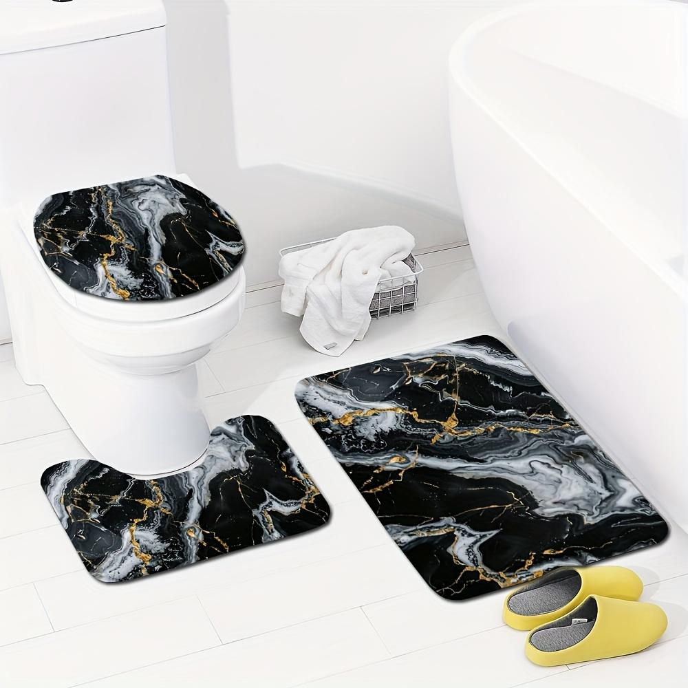 3pcs Black and Golden Faux Marble Pattern Rug Set, 0.8cm Flannel Material, Modern Minimalist Style, Non-Slip Bath Mat, O-Shaped Non-Slip Toilet Seat Cover, Exquisite Home Decor Set