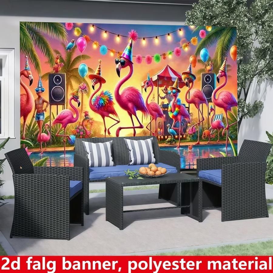 Hawaiian Bright Flamingo Party Backdrop Banner, Tropical Beach Scene, Polyester Material, Festive Decor for Summer Parties