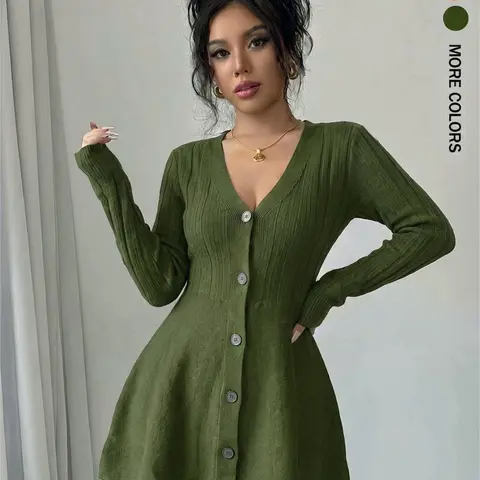 Women's V-Neck Button Front Knit Dress, Casual Chic Feminine Long Sleeve A-Line Mini Sweater Dress for Spring and Fall Casual Wear