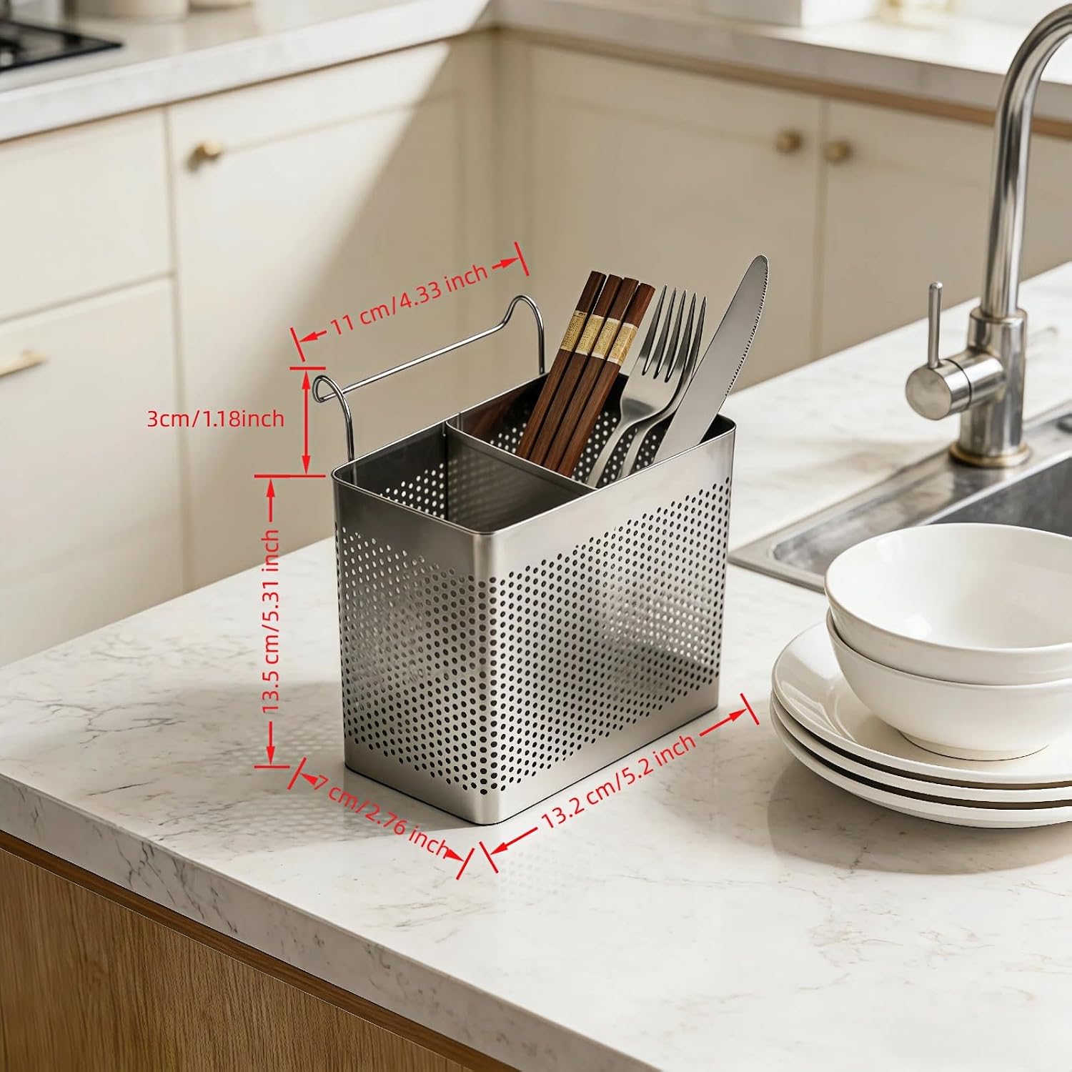 Stainless Steel Utensil Holder for Kitchen Counter, 2 Compartment Cutlery Organizer with Hooks, Dishwasher Safe Flatware Drying  for Sink & Dish Rack (Brushed Finish)