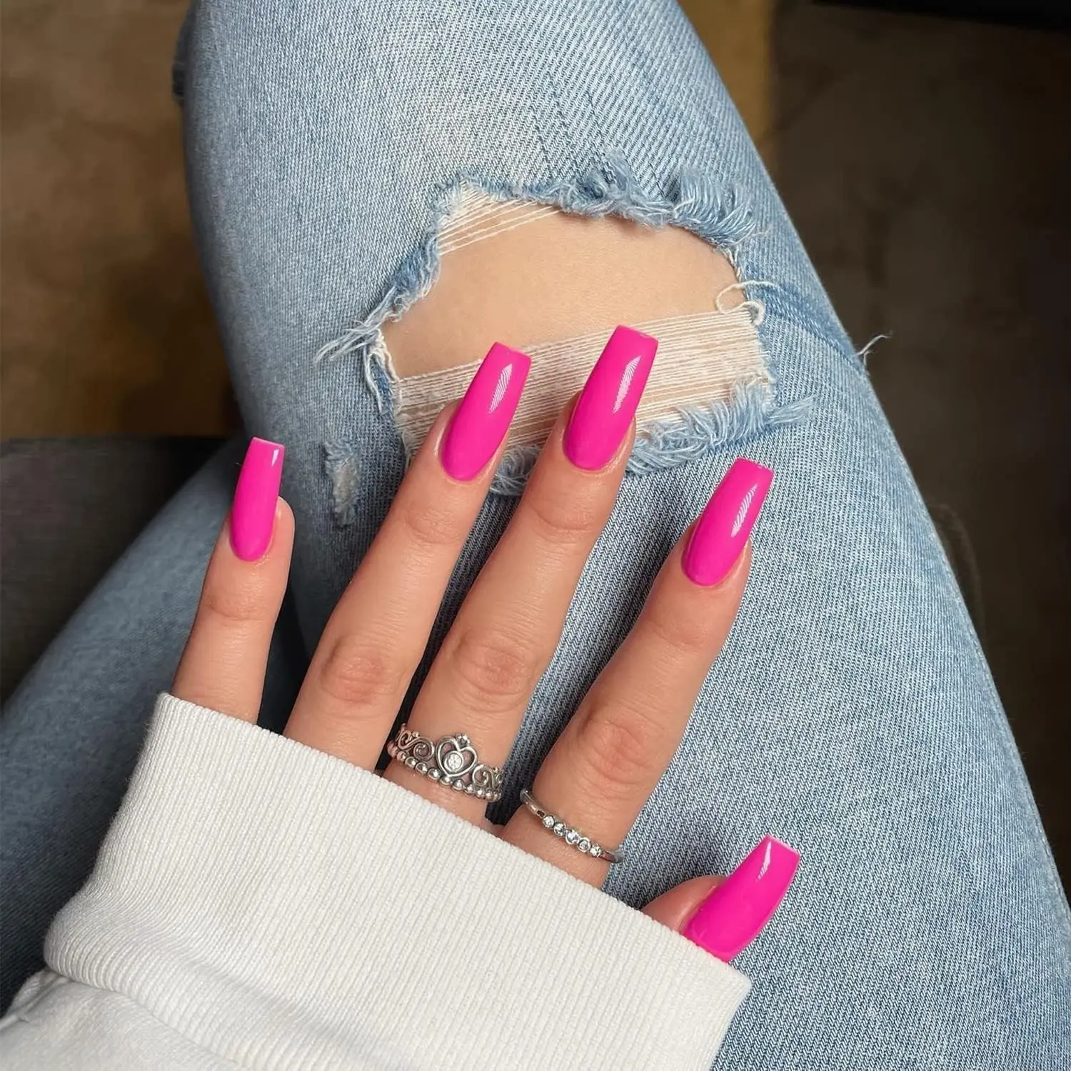Hot Pink Press On Nails Medium Long Square Coffin, Acrylic Glue On Nails, Solid Color Fake Nails for Women, Natural Thick Artificial Stick On Nails, Neon PinkGift