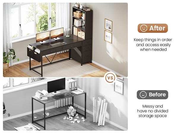 SEDETA 47.2 Inch Reversible Gaming Desk with LED Lights Drawer Storage Bookshelf for Small Spaces Organization Interior