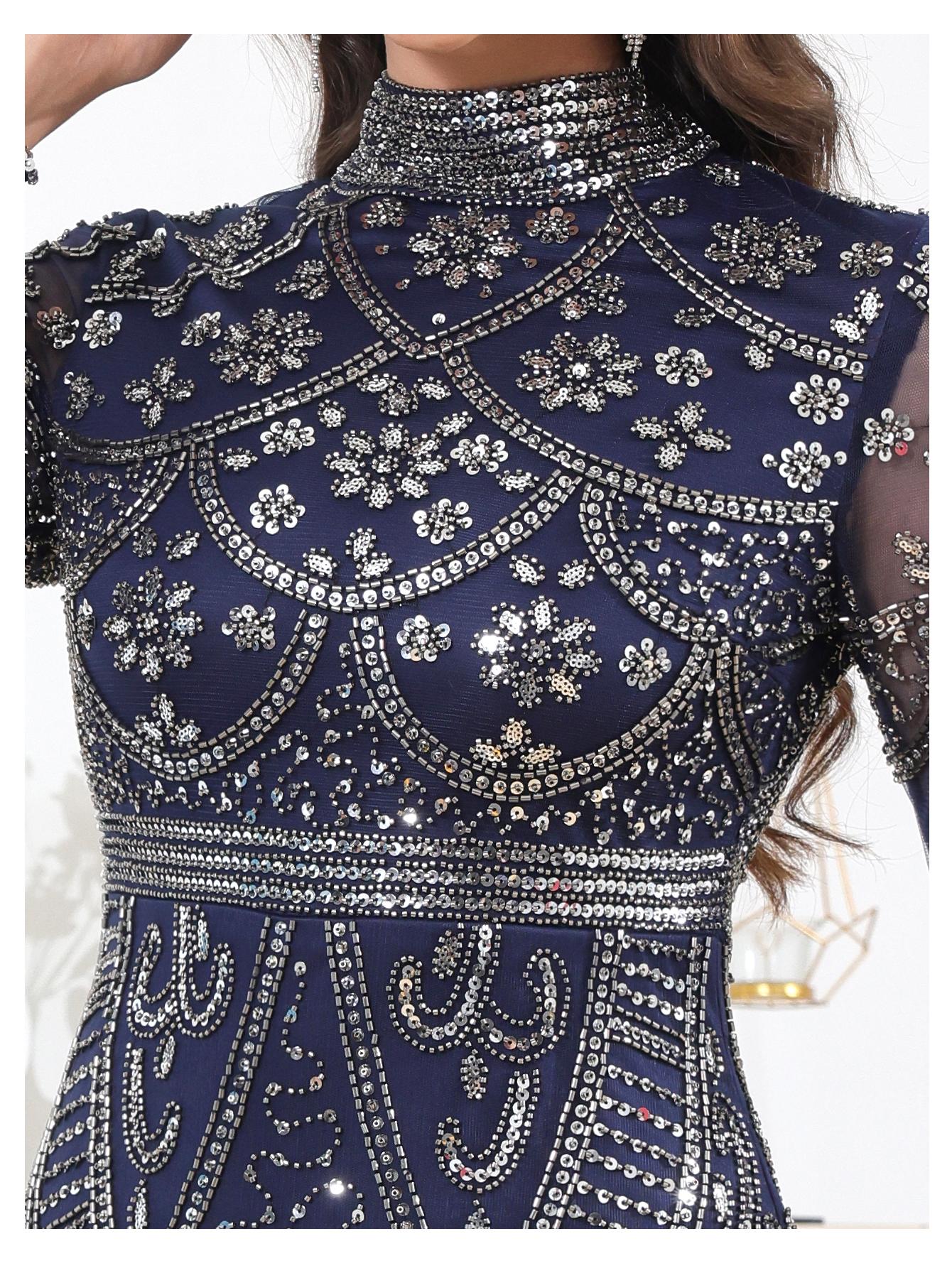 Celesmeety Women's Elegant Muslim Dress, Sequin Embroidery, Sheer Long Sleeve, Perfect for Party, Wedding, All Seasons, Classy Modest Dress