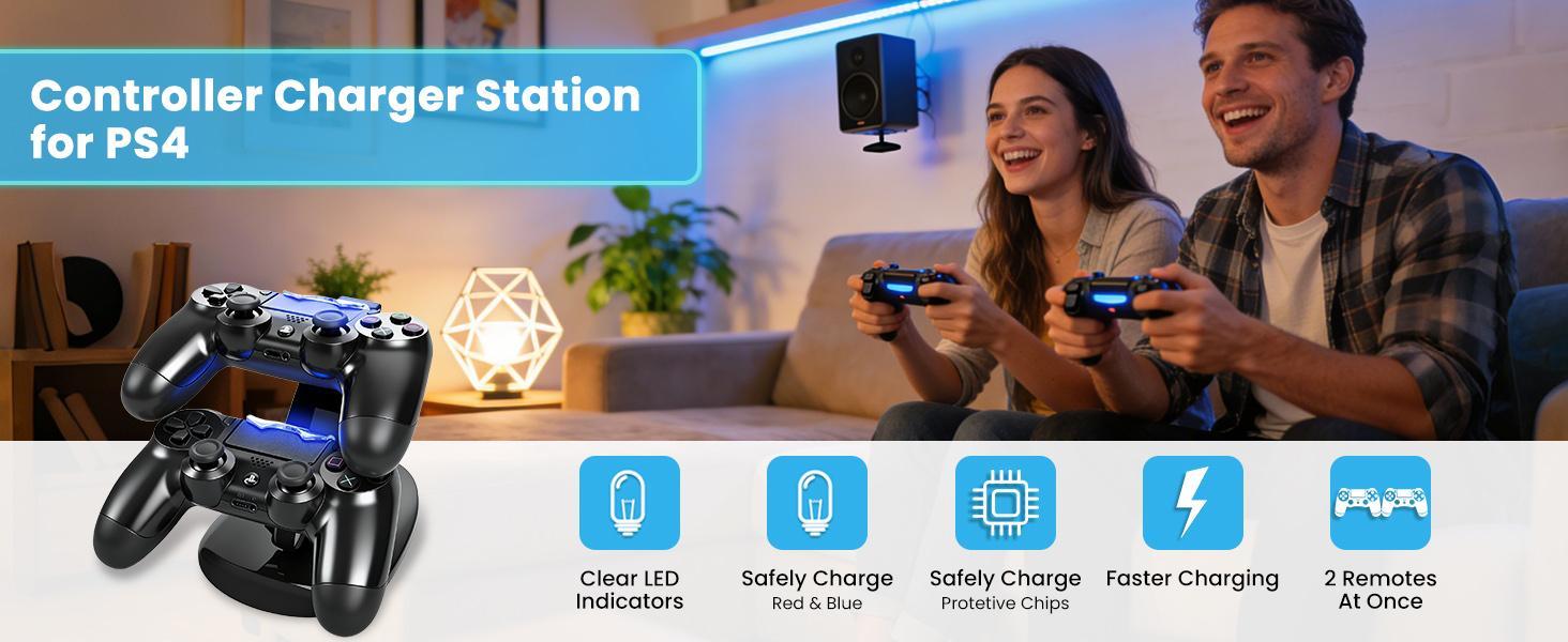 Controller Charger Dock Station for PS4, Controller Charger for PlayStation 4 - Fast Charging Station for 2 Controllers, Replacement Charging Dock for PS4 / Slim/Pro Console