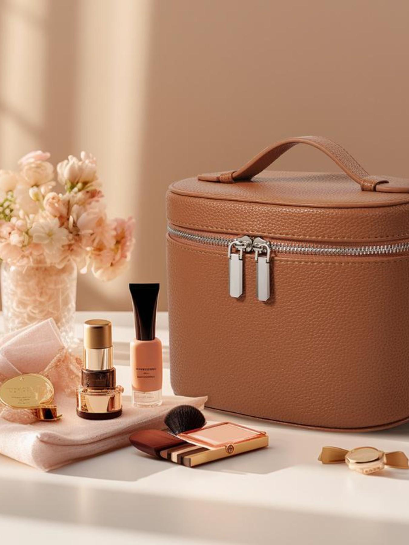 Trendy Makeup Organizer Bag with Detachable Divider, Portable Travel Cosmetic Case for Women and Girls, PU Material Compact Makeup Box