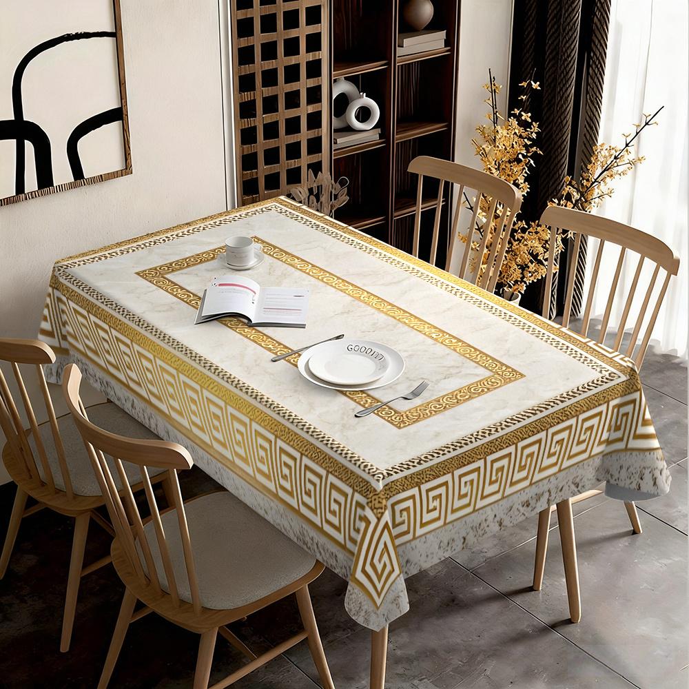 1PC square tablecloth, light luxury and minimalist geometric border pattern, paired with beige and gold, suitable for decoration in homes, restaurants, outdoor picnics and other occasions - Asian style dining table decoration, exquisite pattern design