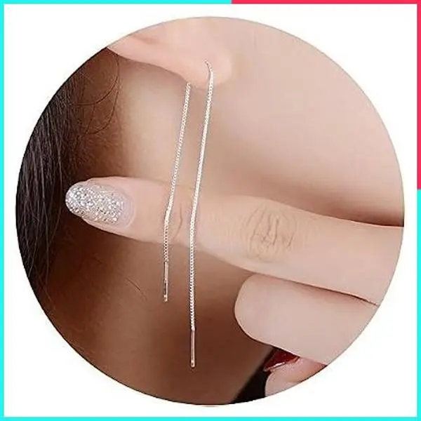 925 Sterling Silver Tassel Threader Drop Earrings Long Chain Ear Line