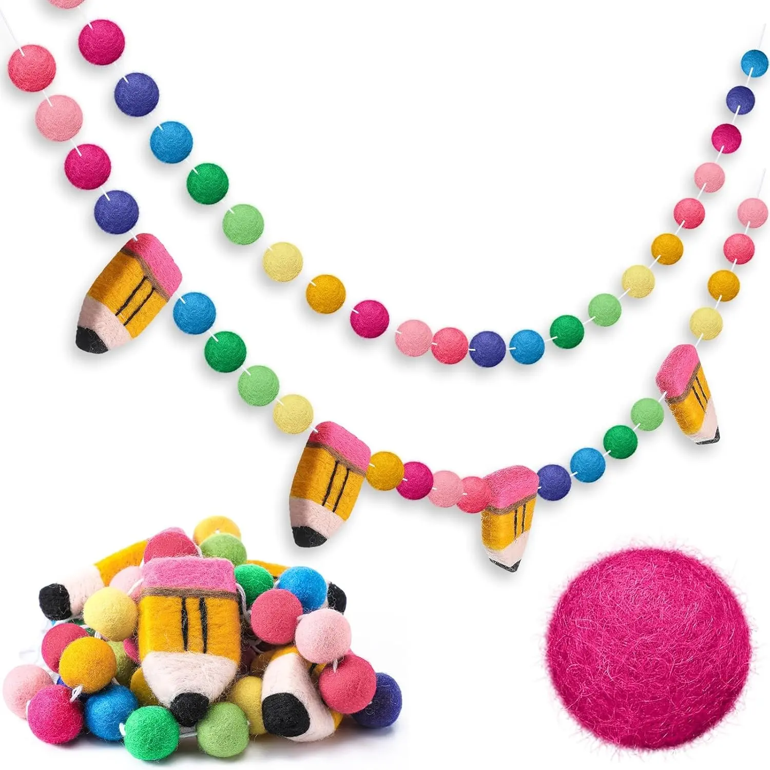 2 Pcs 13.2 ft Pencil Felt Ball Banner Back to School Decorations | 3D Pencil Garland Colorful Pompom Ball Hanging Banner, Welcome Back Garland for Classroom First Day of School Decor, Rainbow