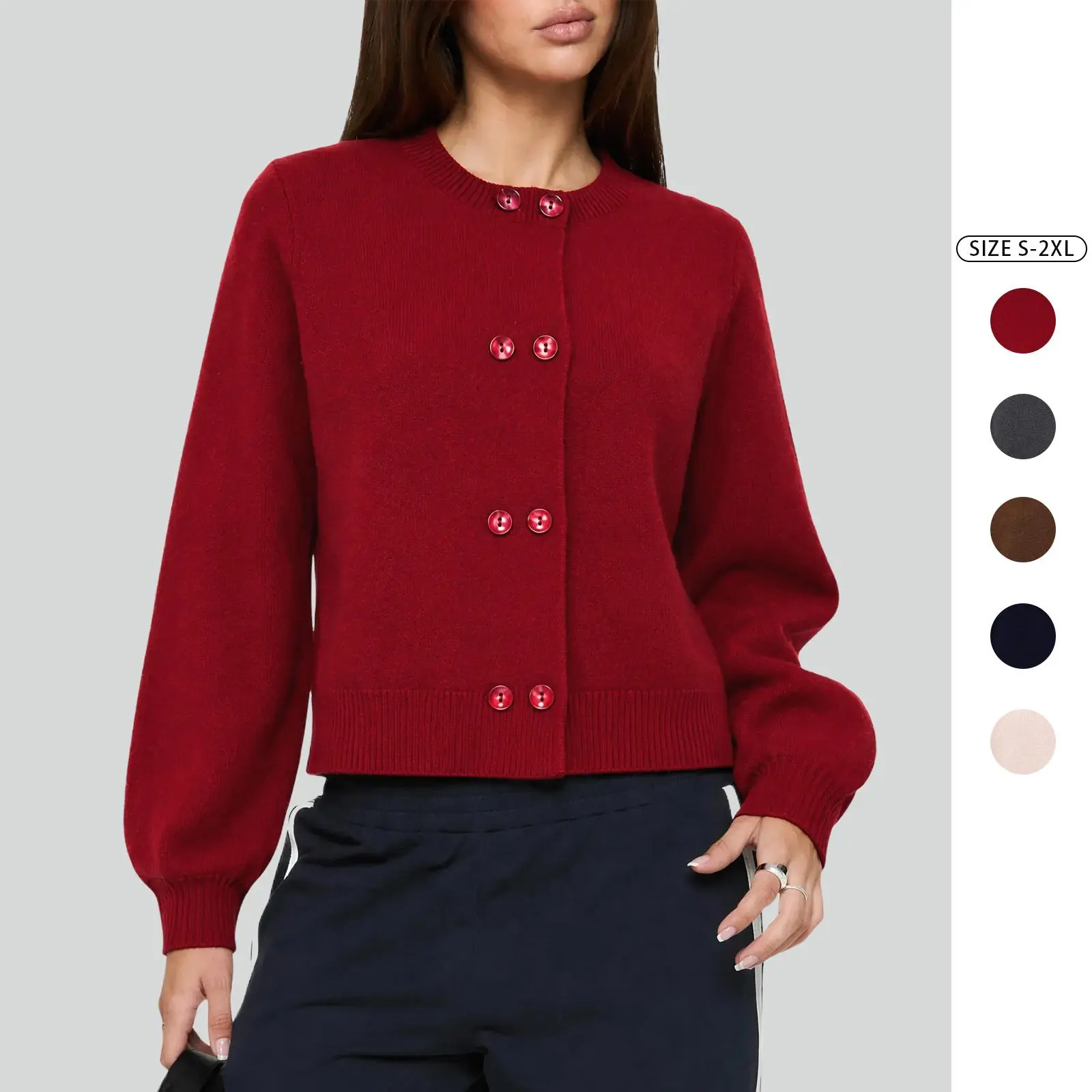 Imily Bela Women Double Breasted Puff Sleeve Cropped Knit Cardigan Soft Sweater Jacket