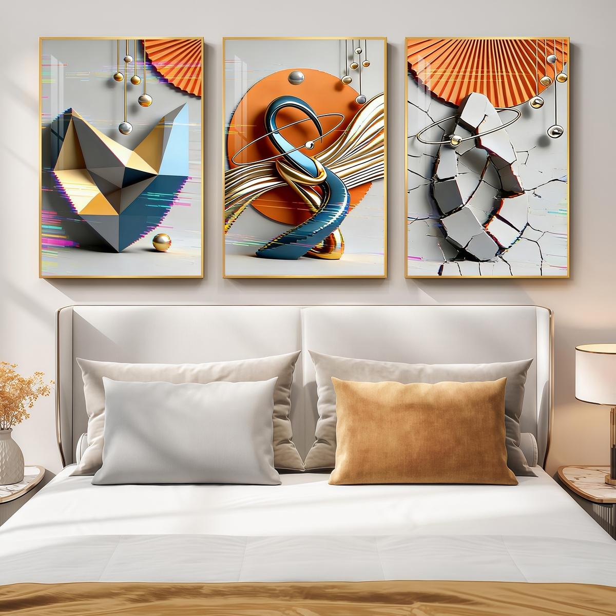 3 Counts Aluminum Alloy Framed Painting, Modern Geometric Abstract Art Pictures, Home Decoration For Living Room, Bedroom, Office, Restaurant, Hallway Wall Decor, Odorless Print Artwork, Luxury Perfect Gift For Friends And Family