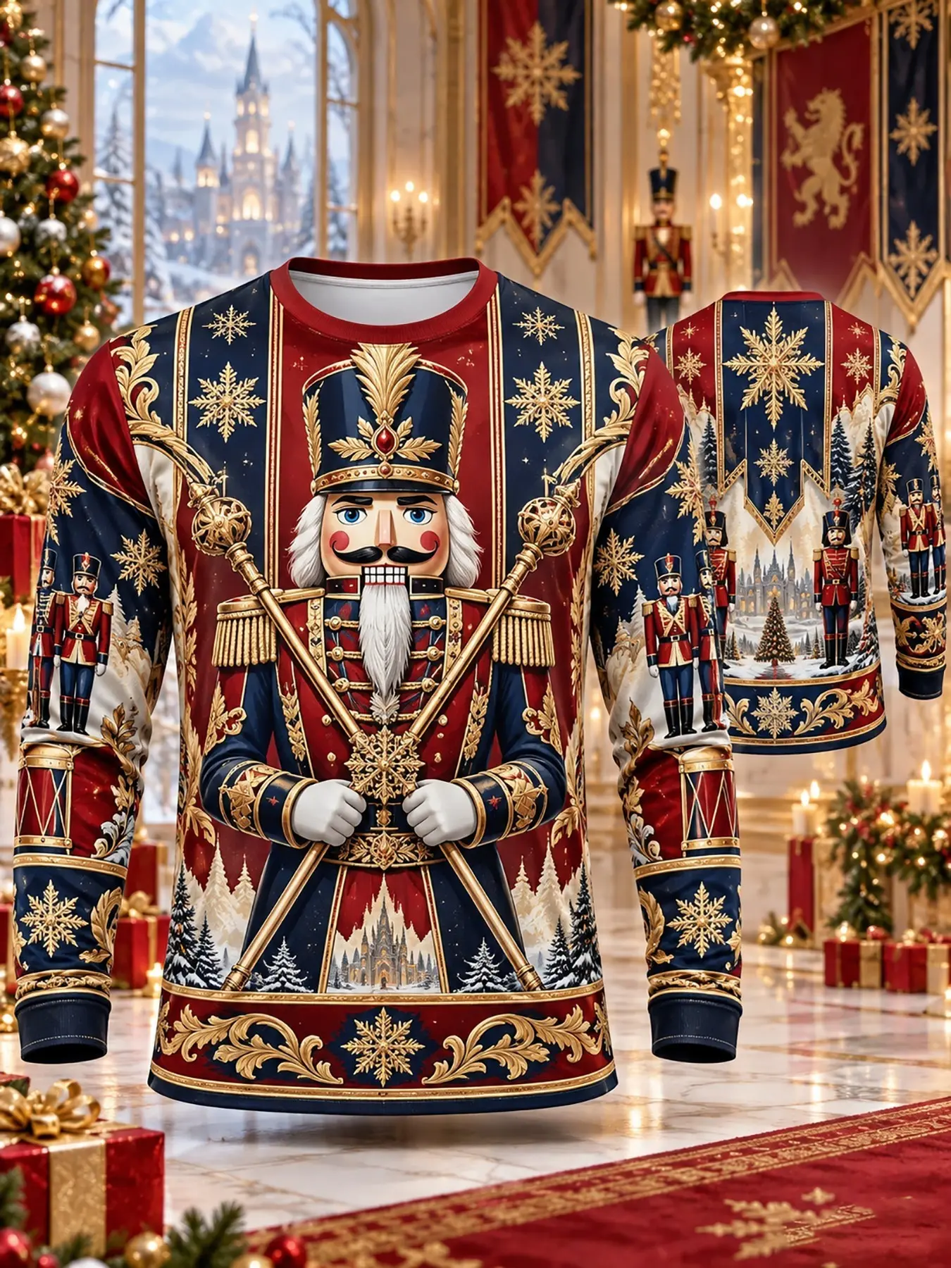 Men Christmas Nutcracker Long Sleeve Tee, Vintage Nutcracker Soldier Full Print Shirt, Holiday Graphic Top, Great Xmas Party Outfit, Eye-catching Festive Apparel #ChristmasShirt #Nutcracker #HolidayOutfit