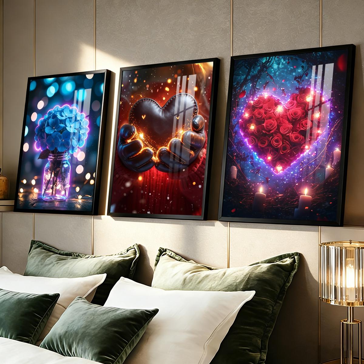 3 Counts Aluminum Alloy Framed Painting, Romantic Roses Hearts And Flowers Pictures, Home Decoration For Living Room, Bedroom, Office, Restaurant, Hallway Wall Decor, Odorless Print Artwork, Luxury Perfect Gift For Friends And Family